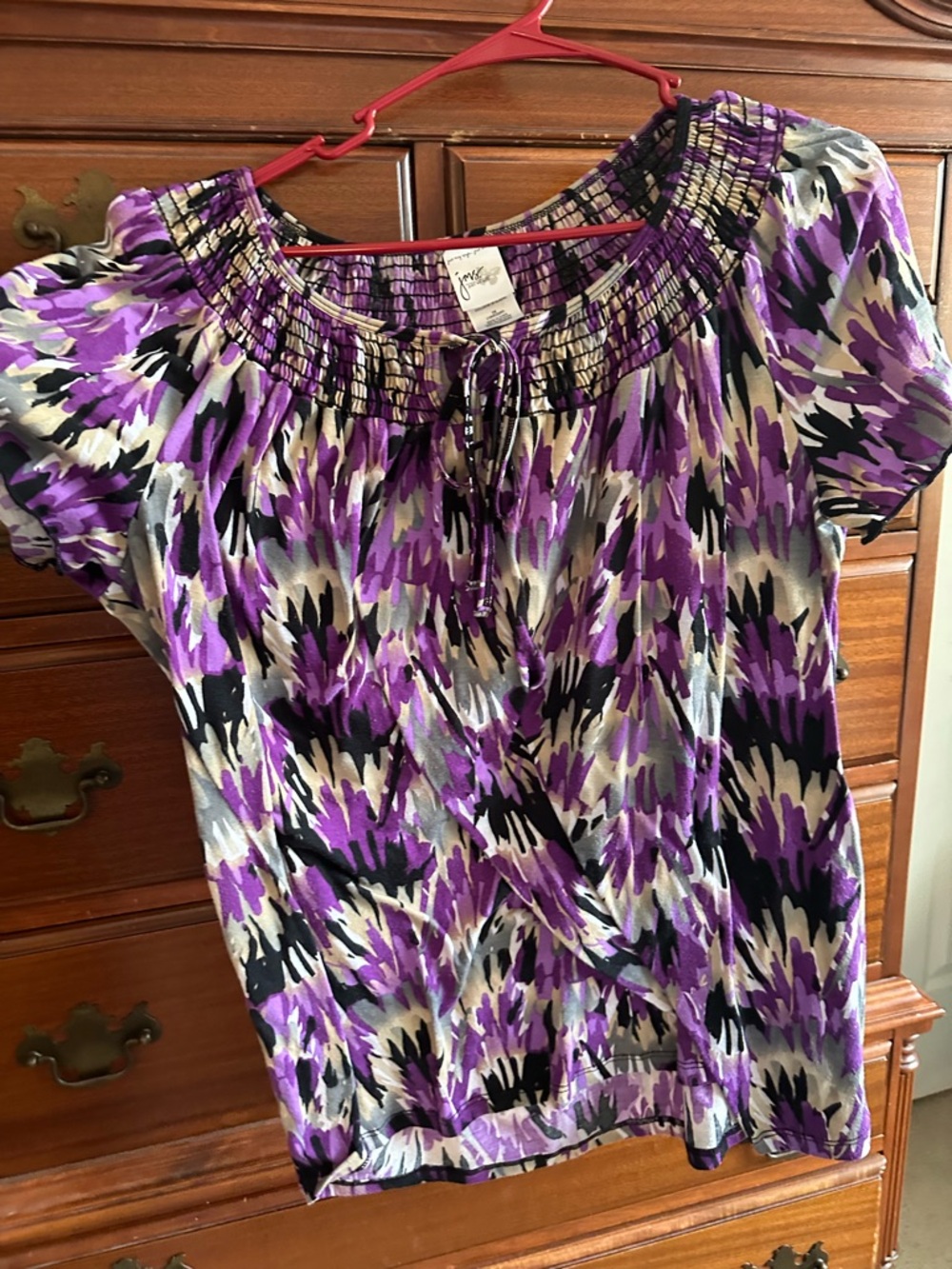 Just My Size Purple and Black Smocked Neck Short Sleeve Blouse